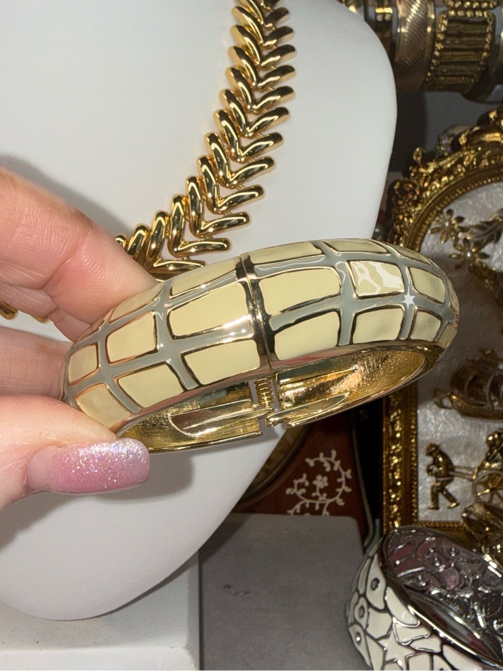 Gold-Tone Cream Enamel Hinged Bangle Bracelet